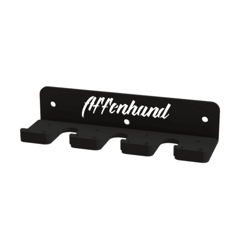Black Affenhand wall rack for three barbells with logo